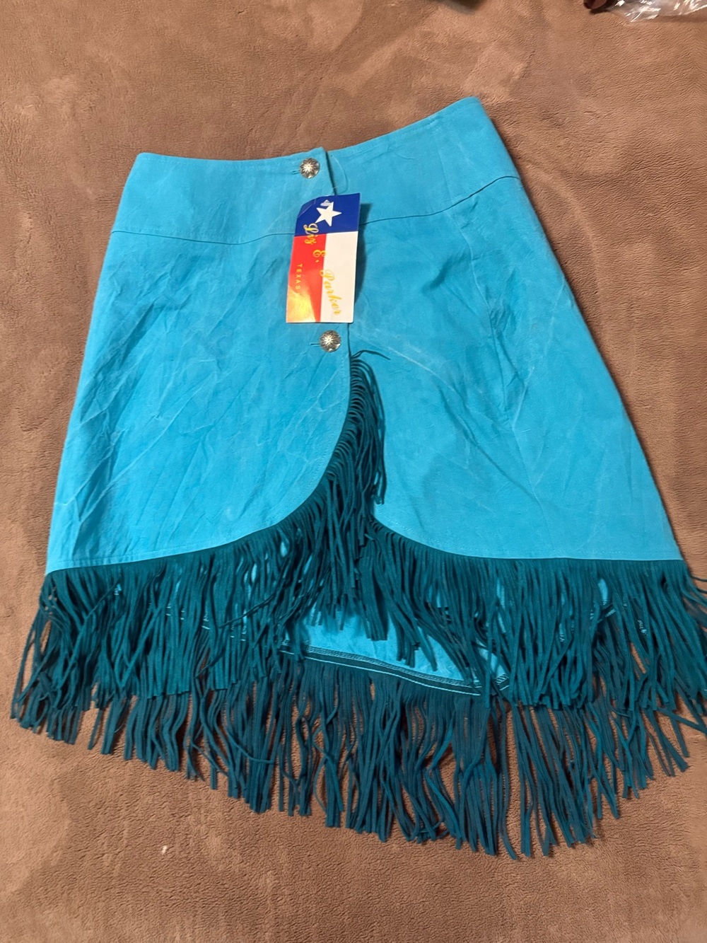 Liz E. Parker Texas Made Teal Fringe  Western Skirt, Sz 6